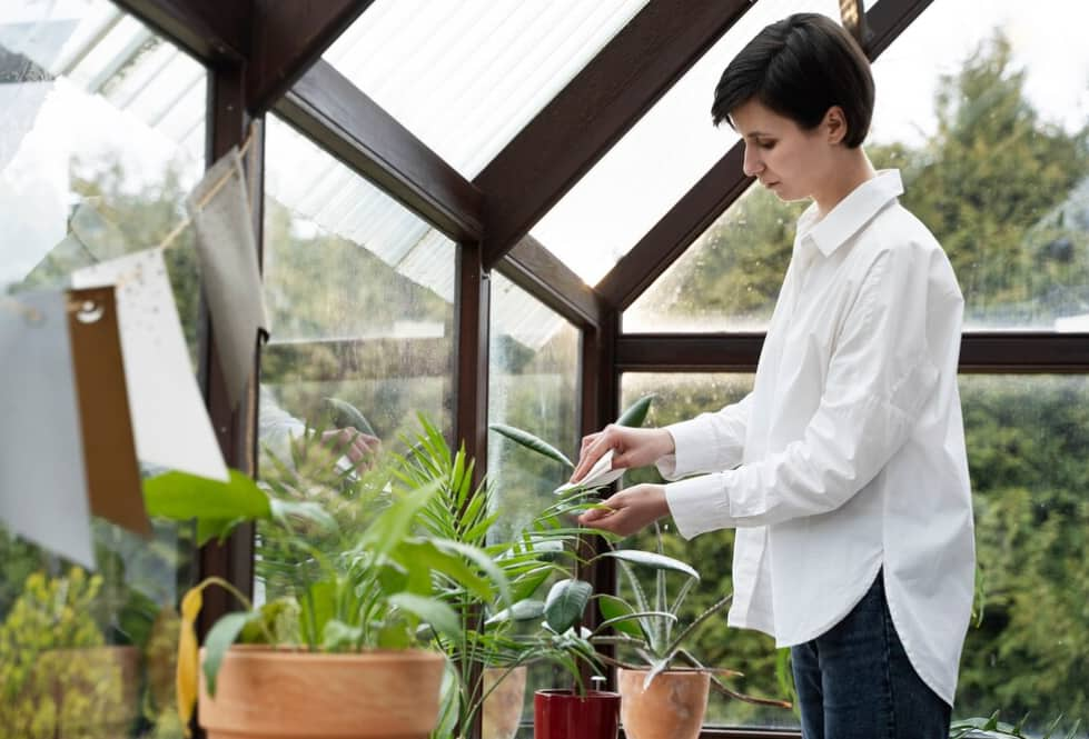 A person tends to houseplants in a sunlit greenhouse